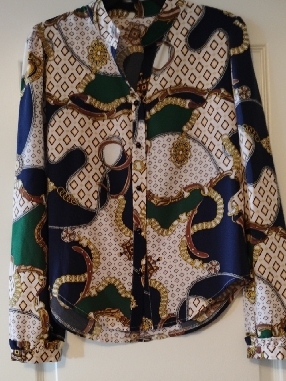 SHEIN Navy, Green & White Chain Print Button-Up Blouse